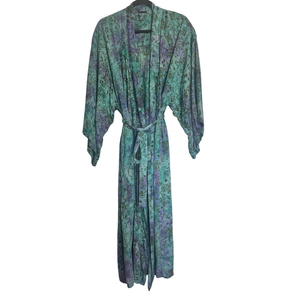 Novica Women Teal Purple Batik Floral Rayon Long Robe Kimono OSFM